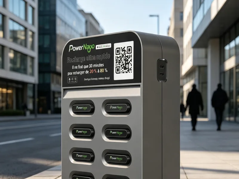 Station PowerNayo sur un trottoir, avec son écran et son QR code à scanner